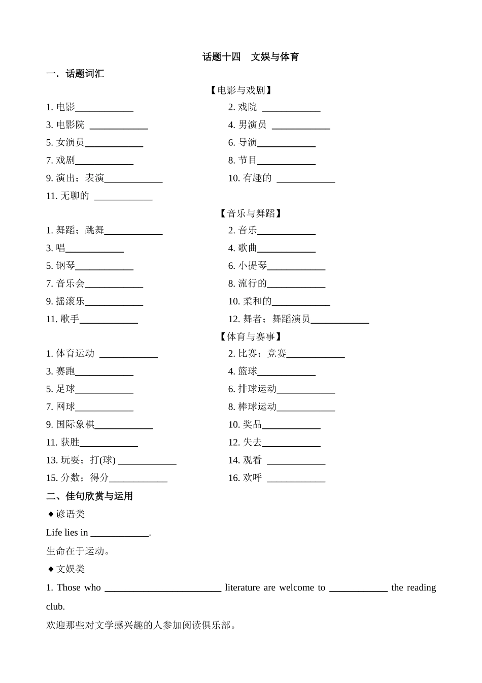 专题14 文娱与体育（词汇+句式+范文）_中考英语.docx_第1页