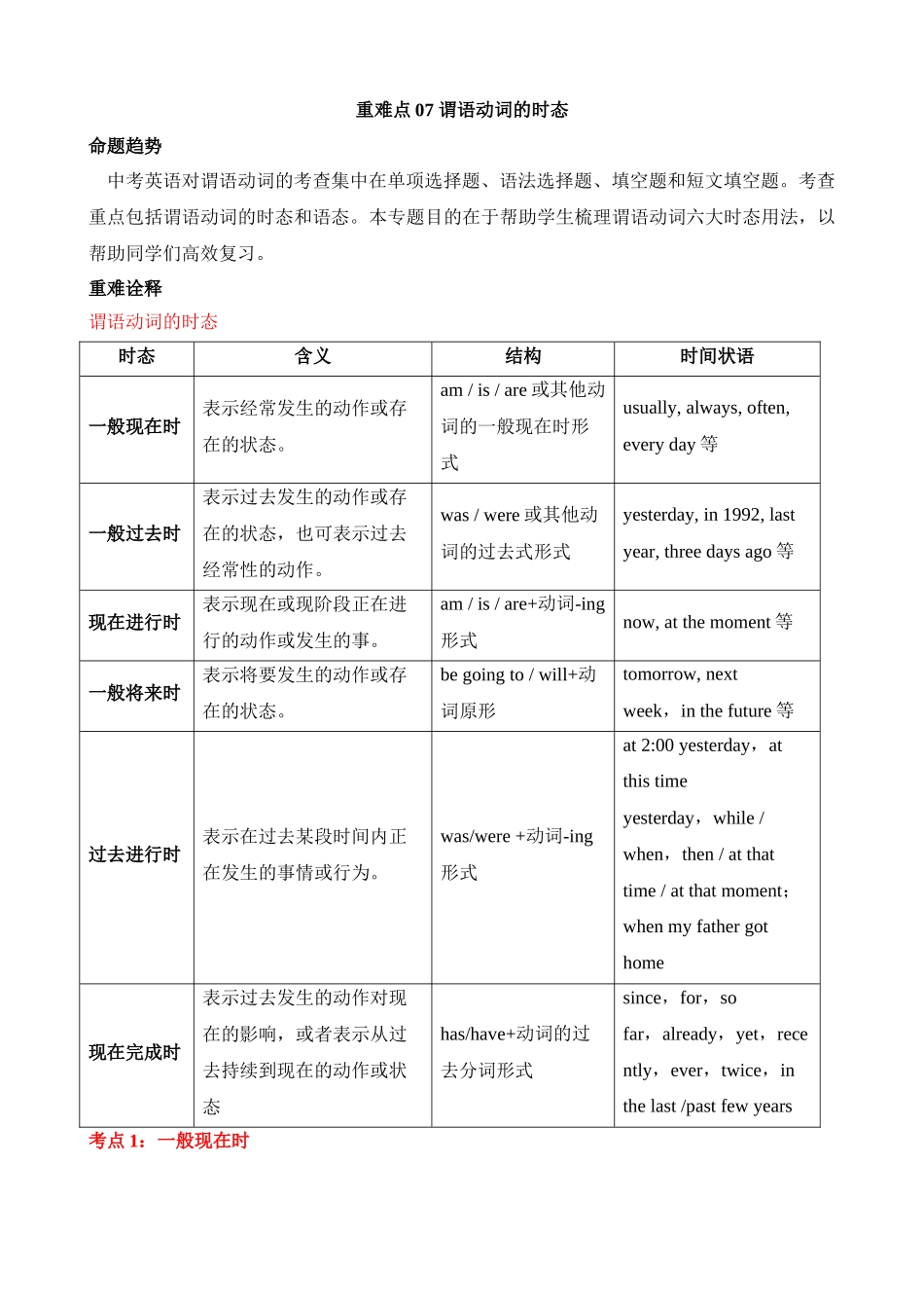 重难点07 谓语动词的时态_中考英语.docx_第1页