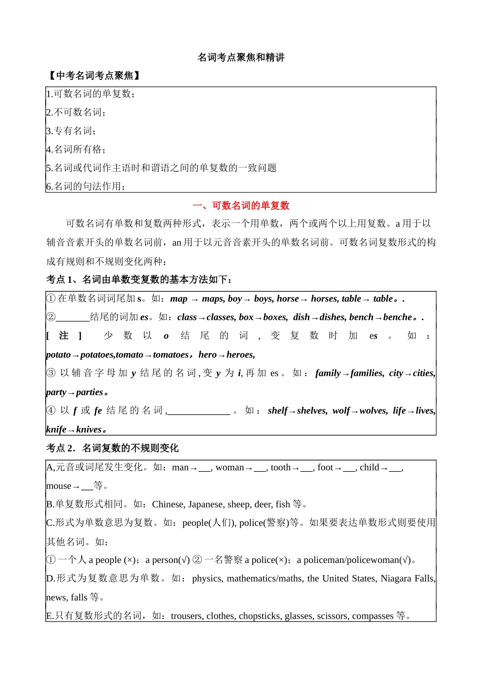 专题1 名词考点聚焦和精讲 _中考英语.docx_第1页