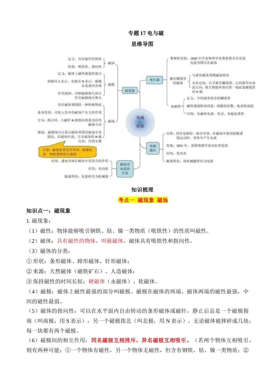 专题17 电与磁（5大模块知识清单+4个易混易错+4种方法技巧+典例真题解析）_中考物理.docx_第1页