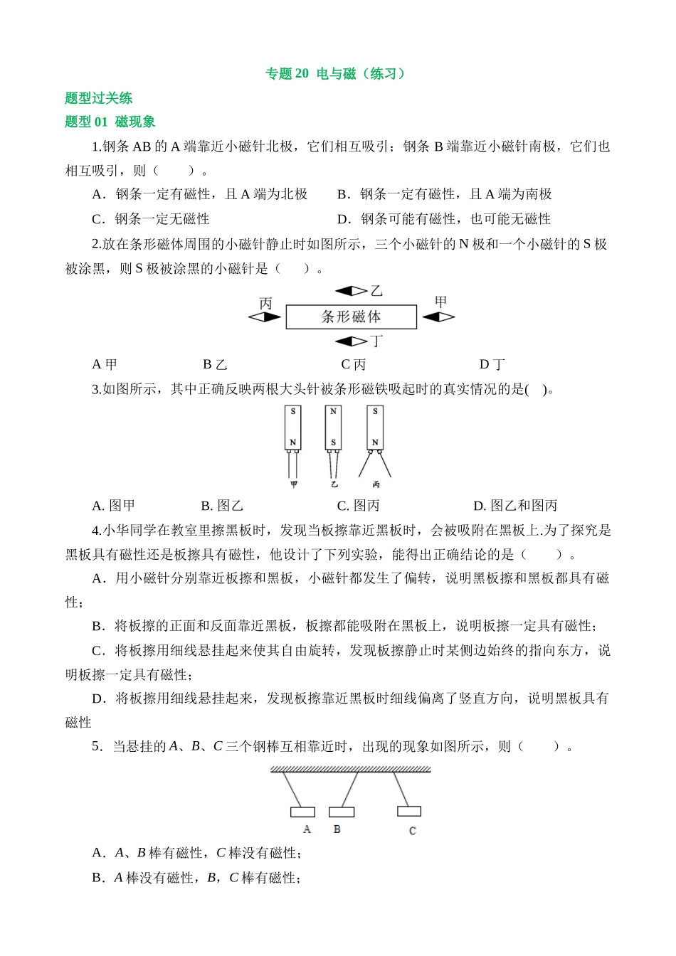 专题20 电与磁（11大题型）（练习）_中考物理.docx_第1页