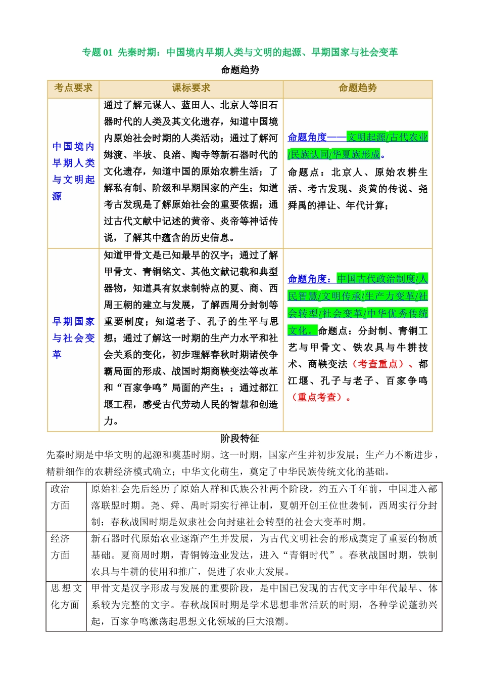 专题01 先秦时期：中国境内早期人类与文明的起源、早期国家与社会变革（讲义）_中考历史.docx_第1页