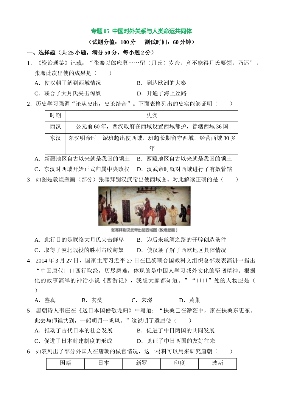 专题05 中国对外关系与人类命运共同体（测试）_中考历史.docx_第1页