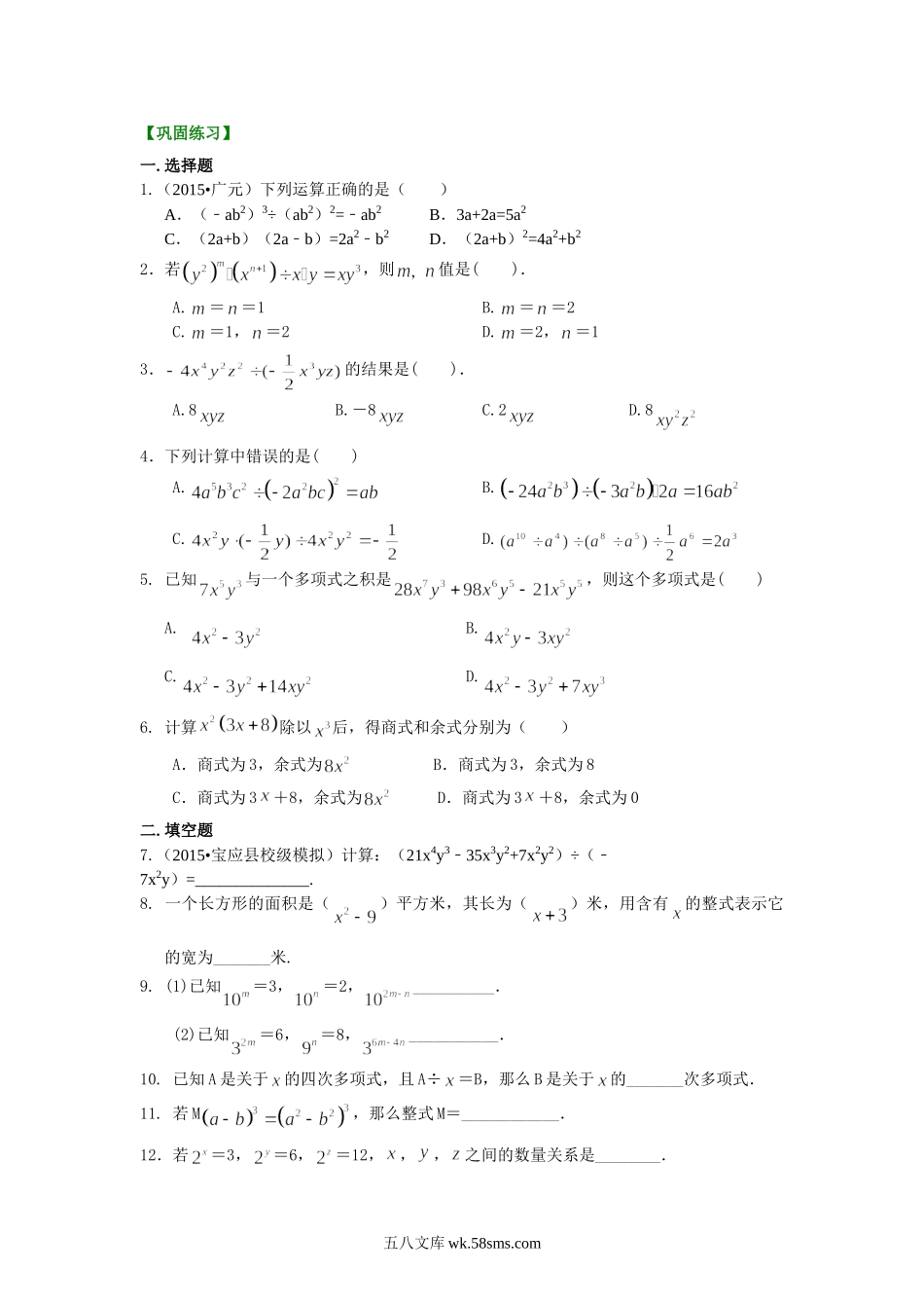 整式的除法（提高）巩固练习_八年级上册.doc_第1页