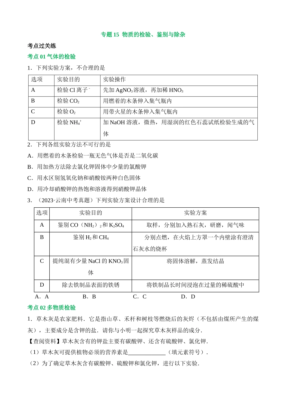 专题15 物质的检验、鉴别与除杂（练习）_中考化学.docx_第1页