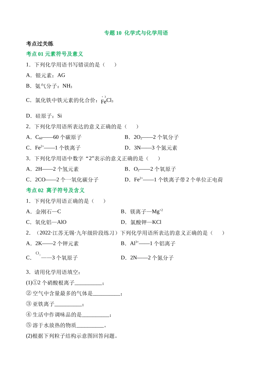 专题10 化学式与化学用语（练习）_中考化学.docx_第1页