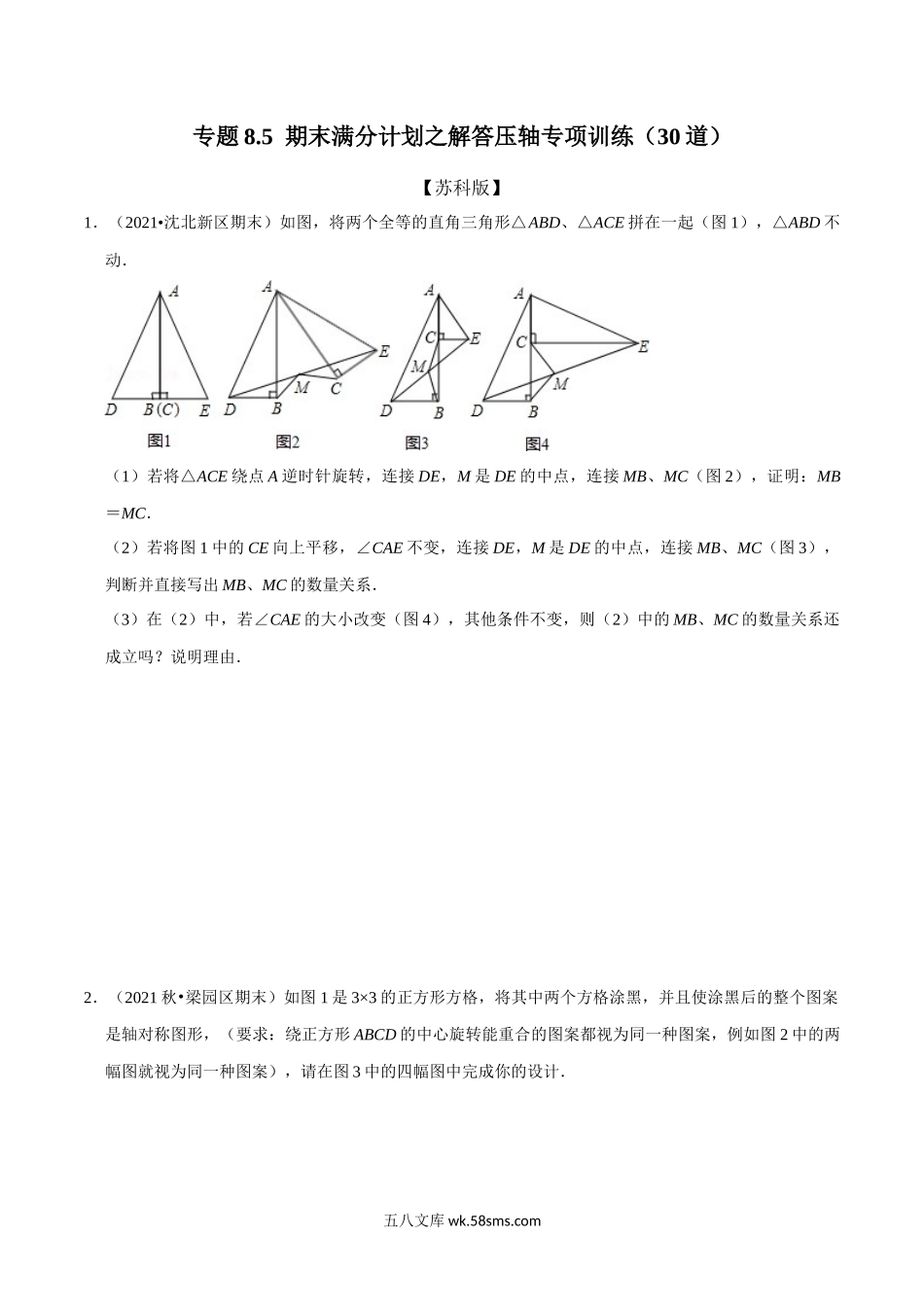 专题8.5 期末满分计划之解答压轴专项训练（30道）（学生版）2022年八年级数学上册举一反三系列（苏科版）_八年级上册.docx_第1页