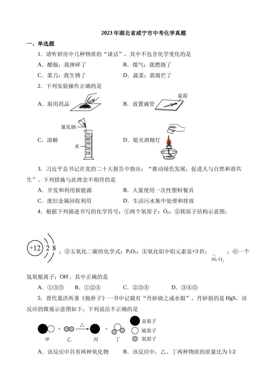 2023年湖北咸宁化学中考真题_中考化学.docx_第1页