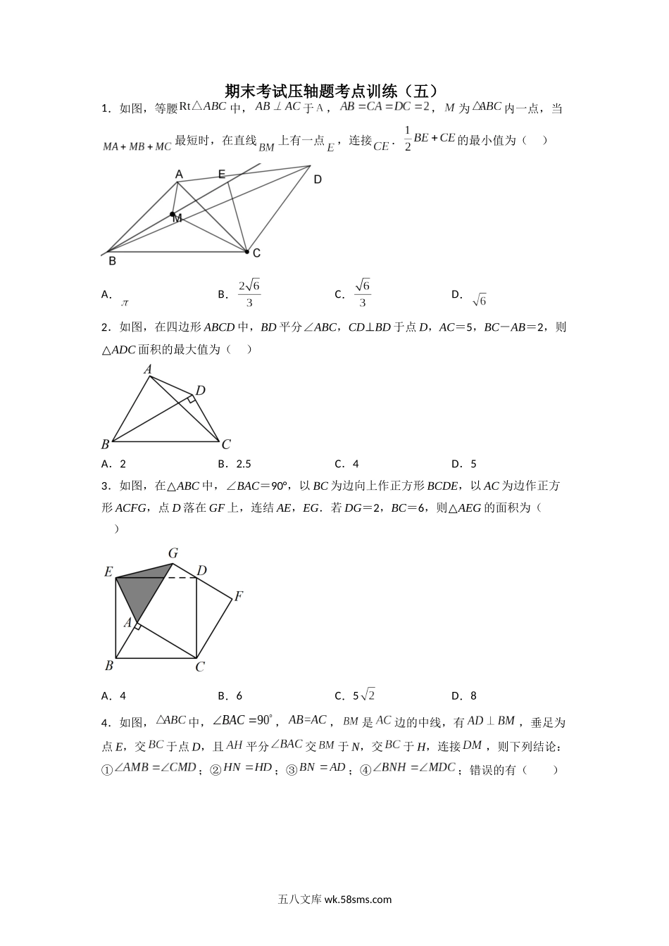 期末考试压轴题考点训练（五）（原卷版）  _八年级上册.docx_第1页