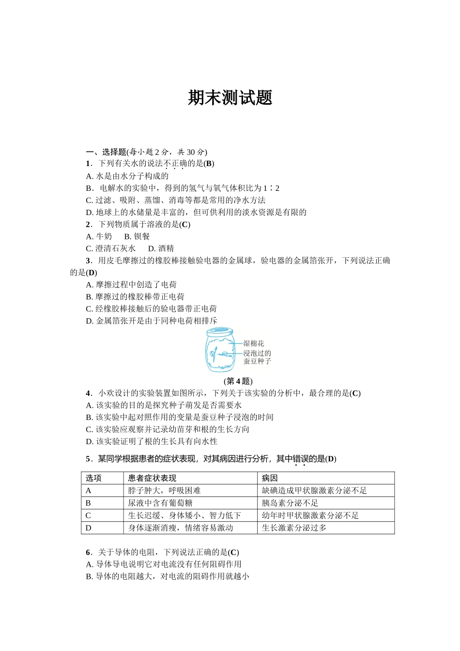 浙教版科学八年级上册练习：期末测试题_八年级上册.doc_第1页