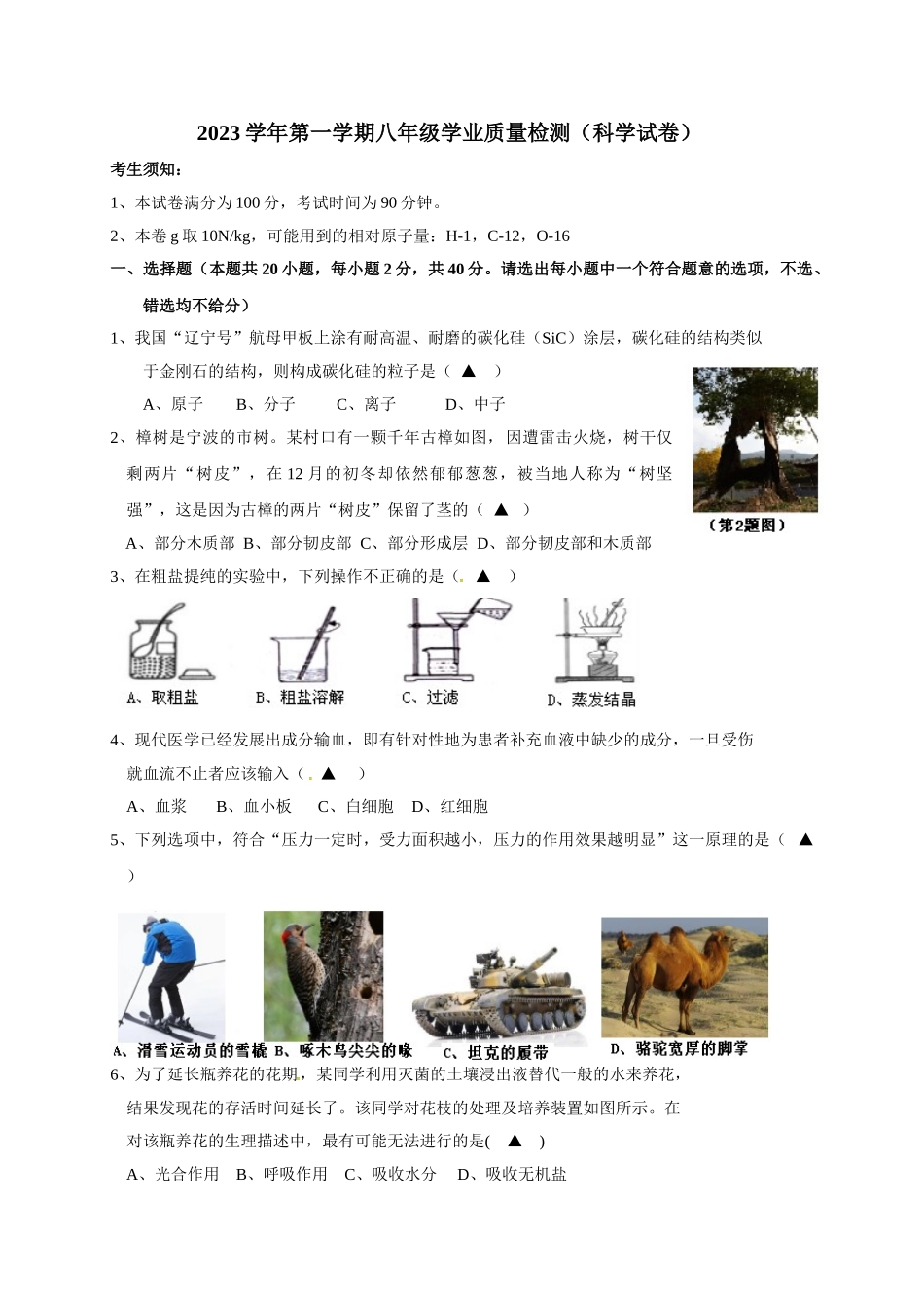 2023-2024学年八年级上学期期末考试科学试题_八年级上册.doc_第1页