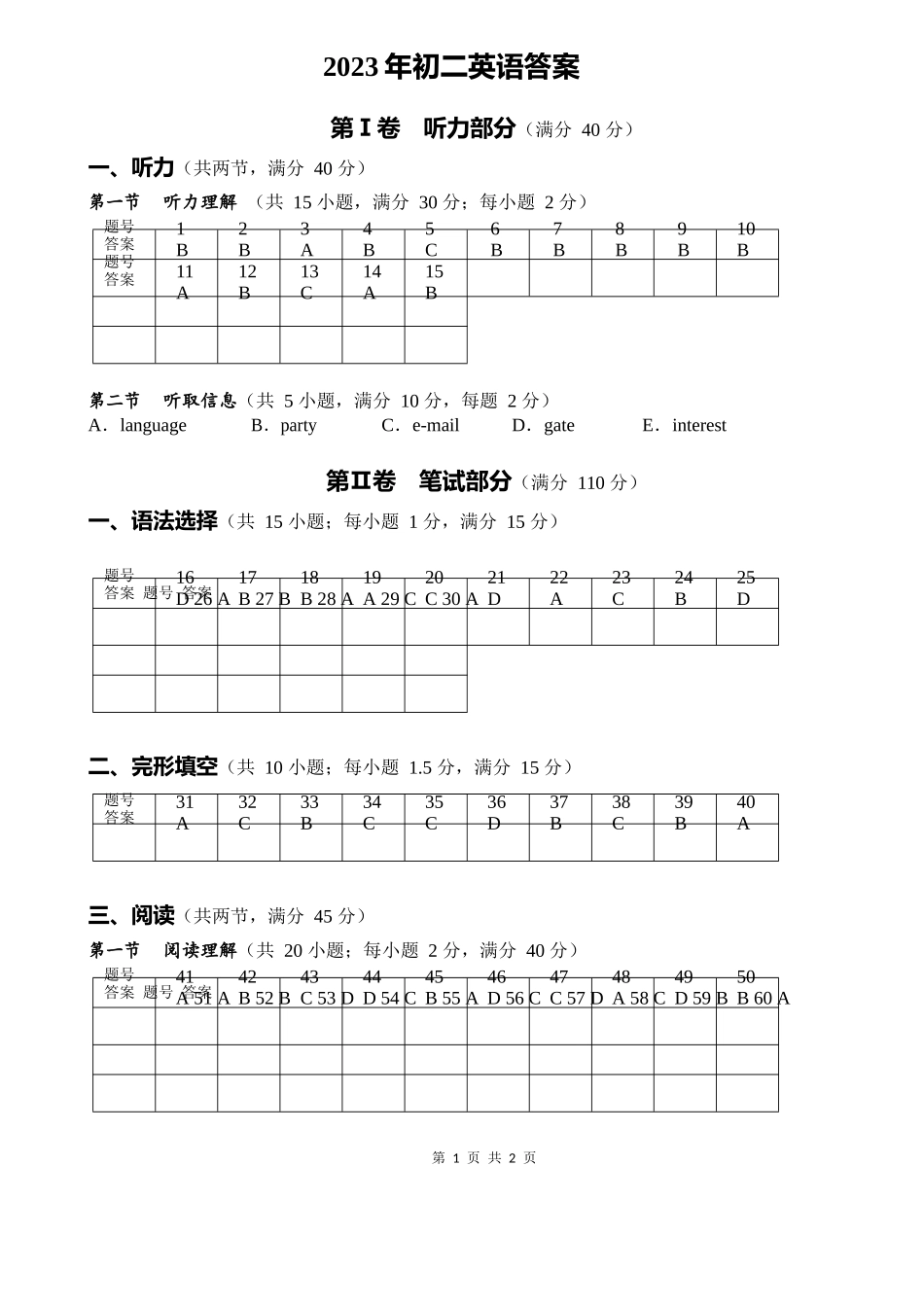 八年级上学期期末定位考试英语试题（word版）答案_八年级上册.docx_第1页