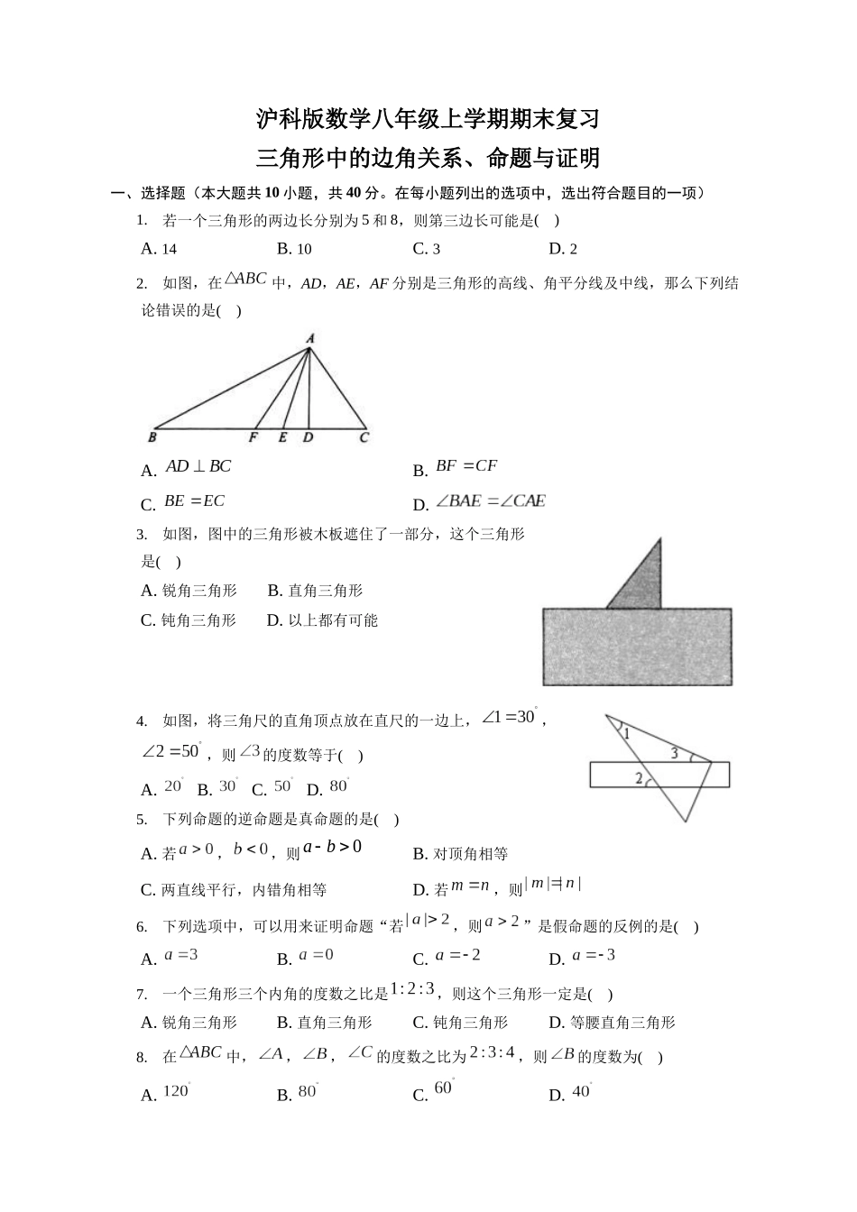 期末复习：三角形中的边角关系、命题与证明 沪科版数学八年级上册_八年级上册.docx_第1页