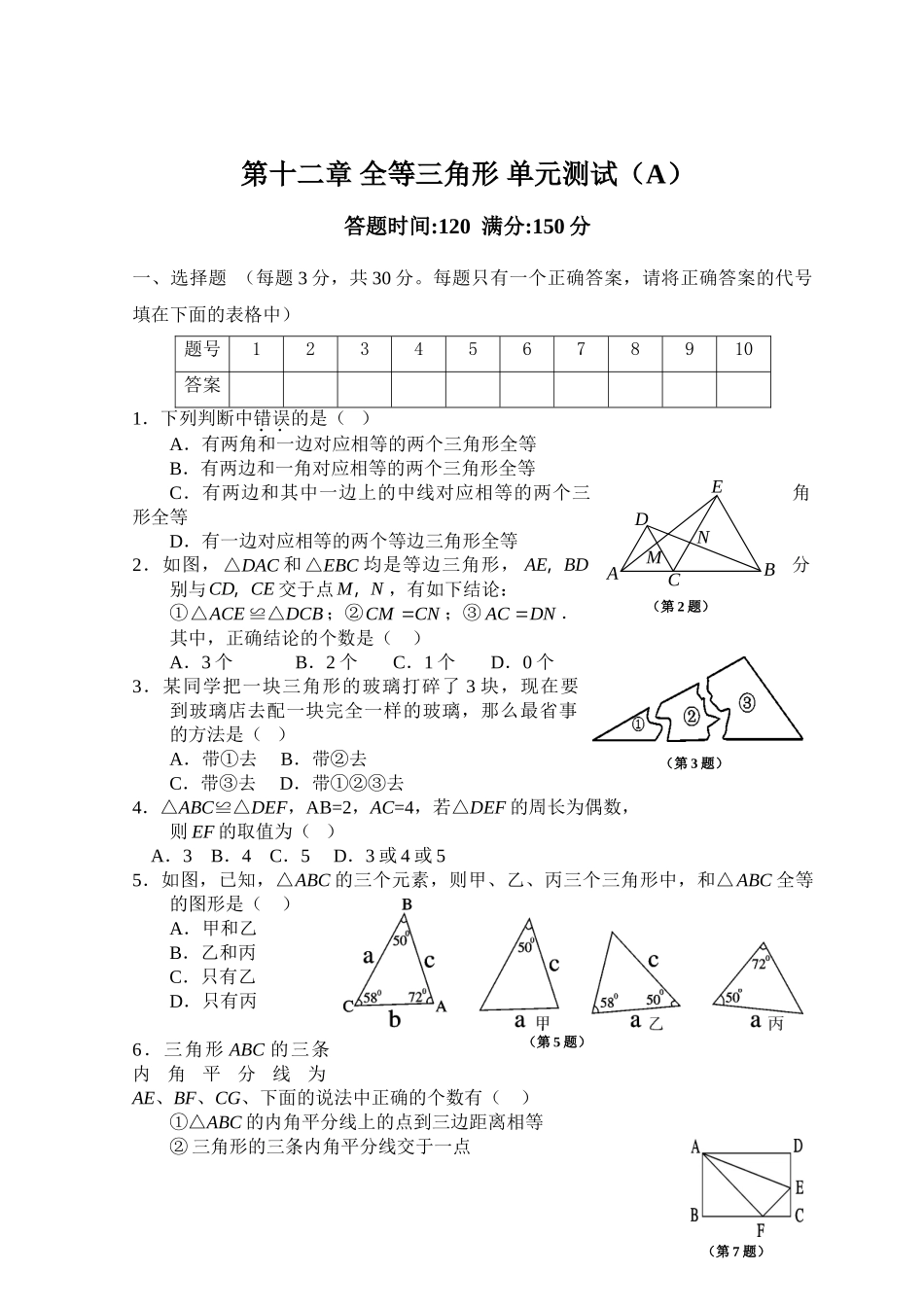 第12章 全等三角形 单元测试试卷A_八年级上册.doc_第1页