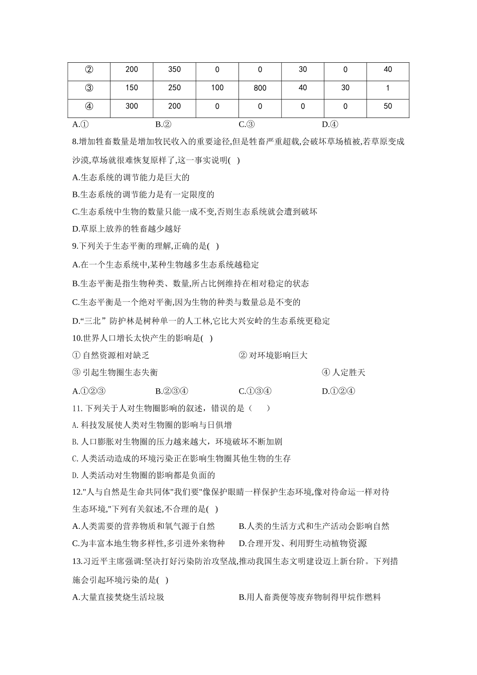 苏教版八年级上册生物单元测试AB卷 第二十章 生物圈是最大的生态系统 B卷 能力提升_八年级上册.doc_第2页