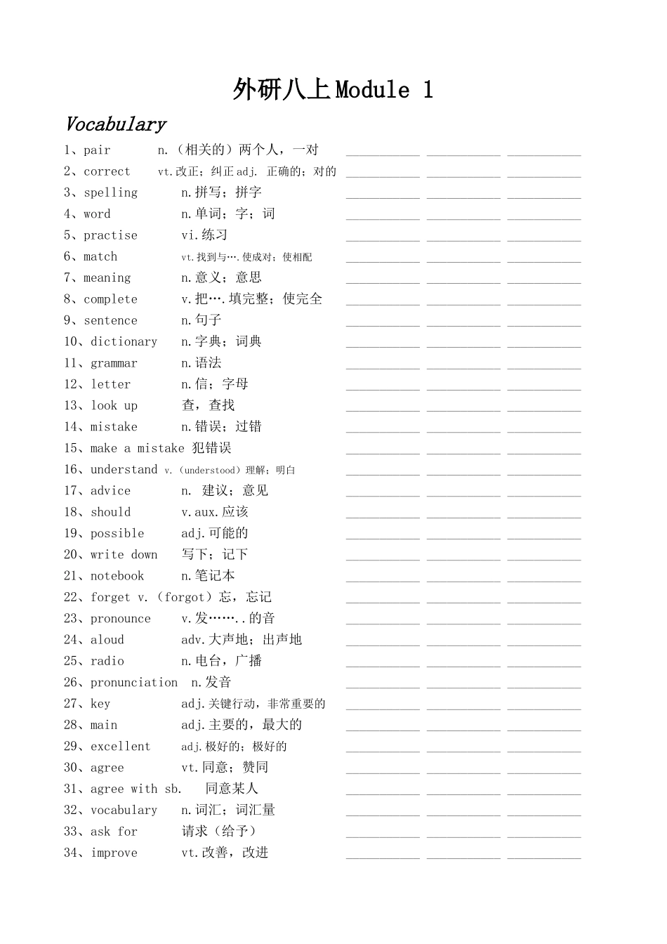 Module1词汇语法复习总结练习 外研版英语八年级上册_八年级上册.docx_第1页