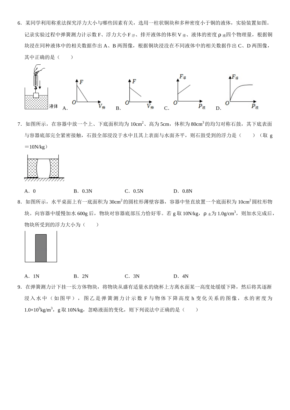 10.2 阿基米德原理（原卷版）-2022-2023学年八年级物理下册学优生重难点易错题精练（人教版）.docx_第3页