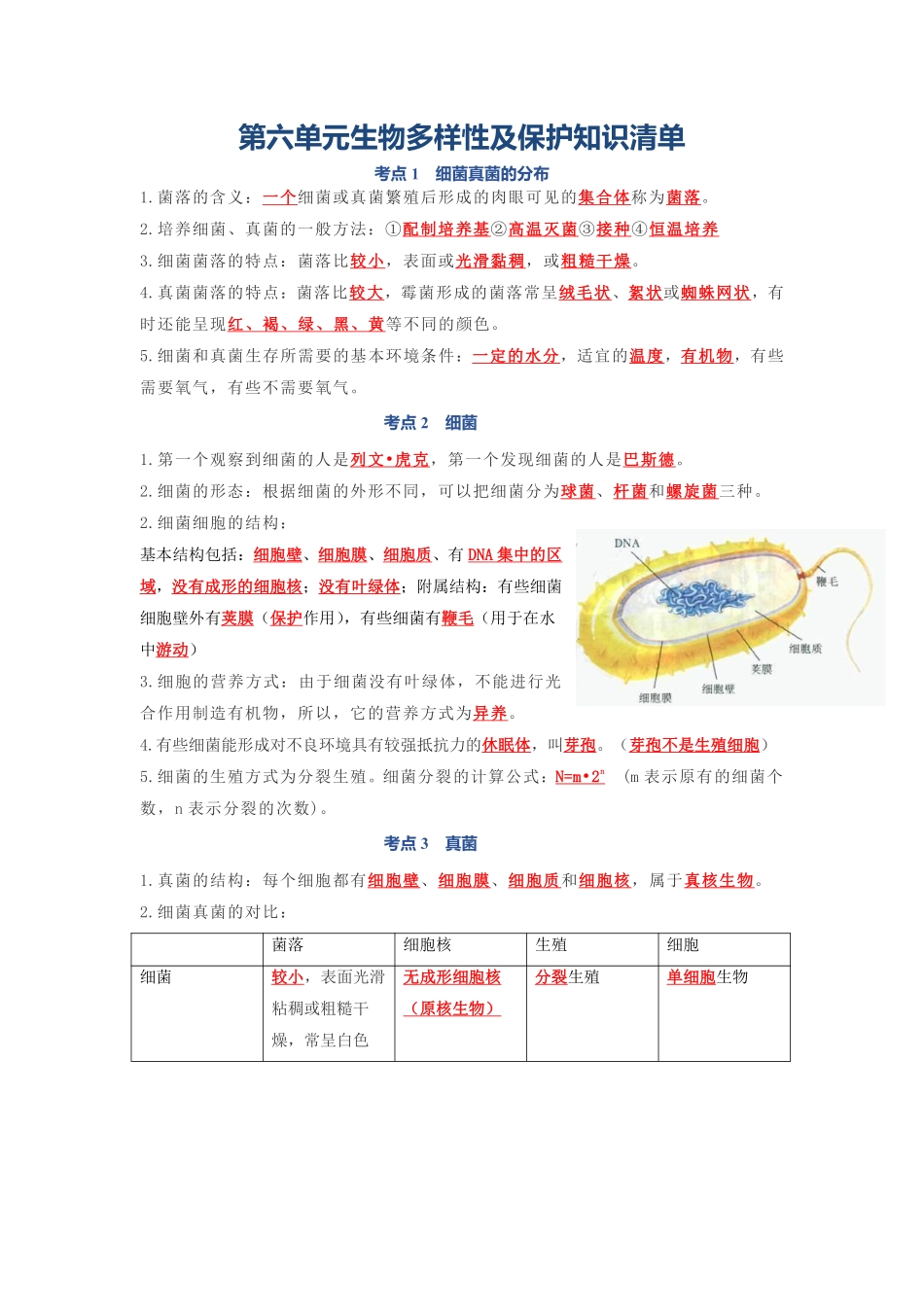 人教版生物期末复习 第四单元 细菌、真菌、病毒知识清单_八年级上册_八年级上册.pdf_第1页