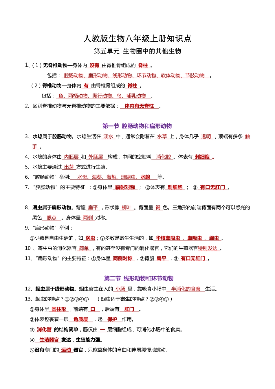 人教版生物期末复习 八年级上册163条知识点_八年级上册_八年级上册.pdf_第1页