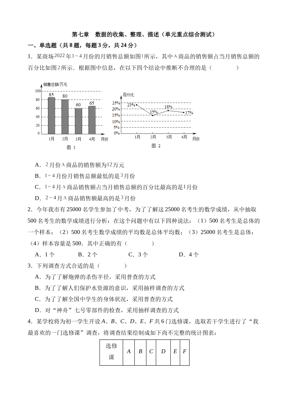 第七章 数据的收集、整理、描述（单元重点综合测试）.docx_第1页