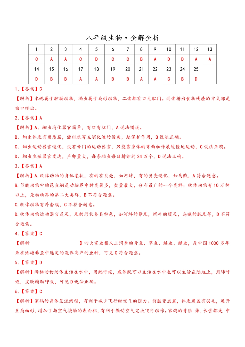 八年级生物上学期期末考前必刷卷01（人教版）（全解全析）_八年级上册_八年级上册.pdf_第1页