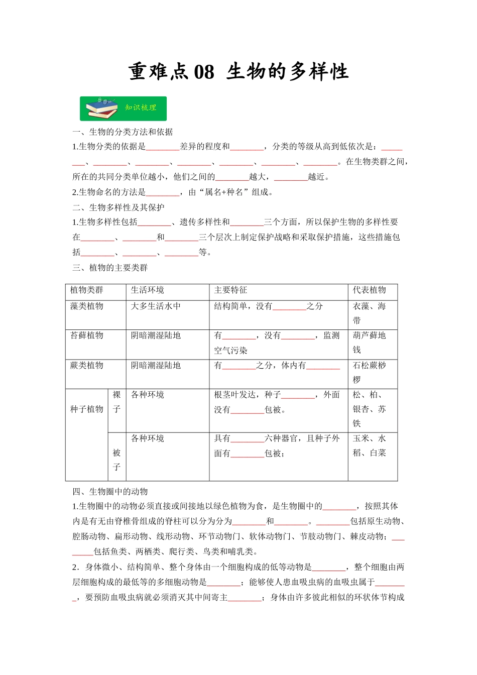 重难点08 生物的多样性 -2023年中考生物【热点·重点·难点】专练（全国通用）（原卷版）.docx_第1页