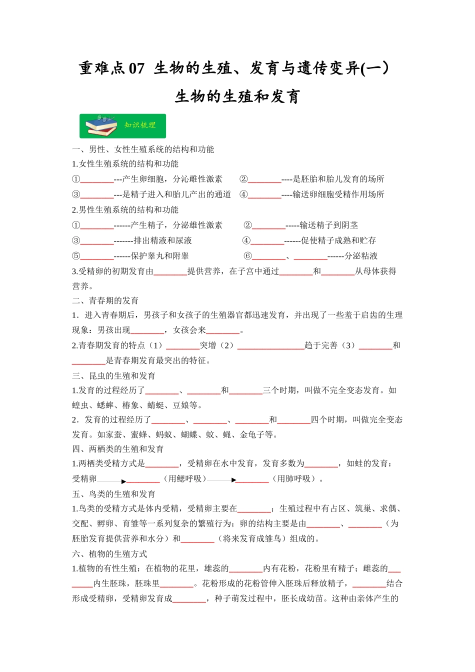 重难点07 生物的生殖、发育与遗传变异（一） -2023年中考生物【热点·重点·难点】专练（全国通用）（原卷版）.docx_第1页