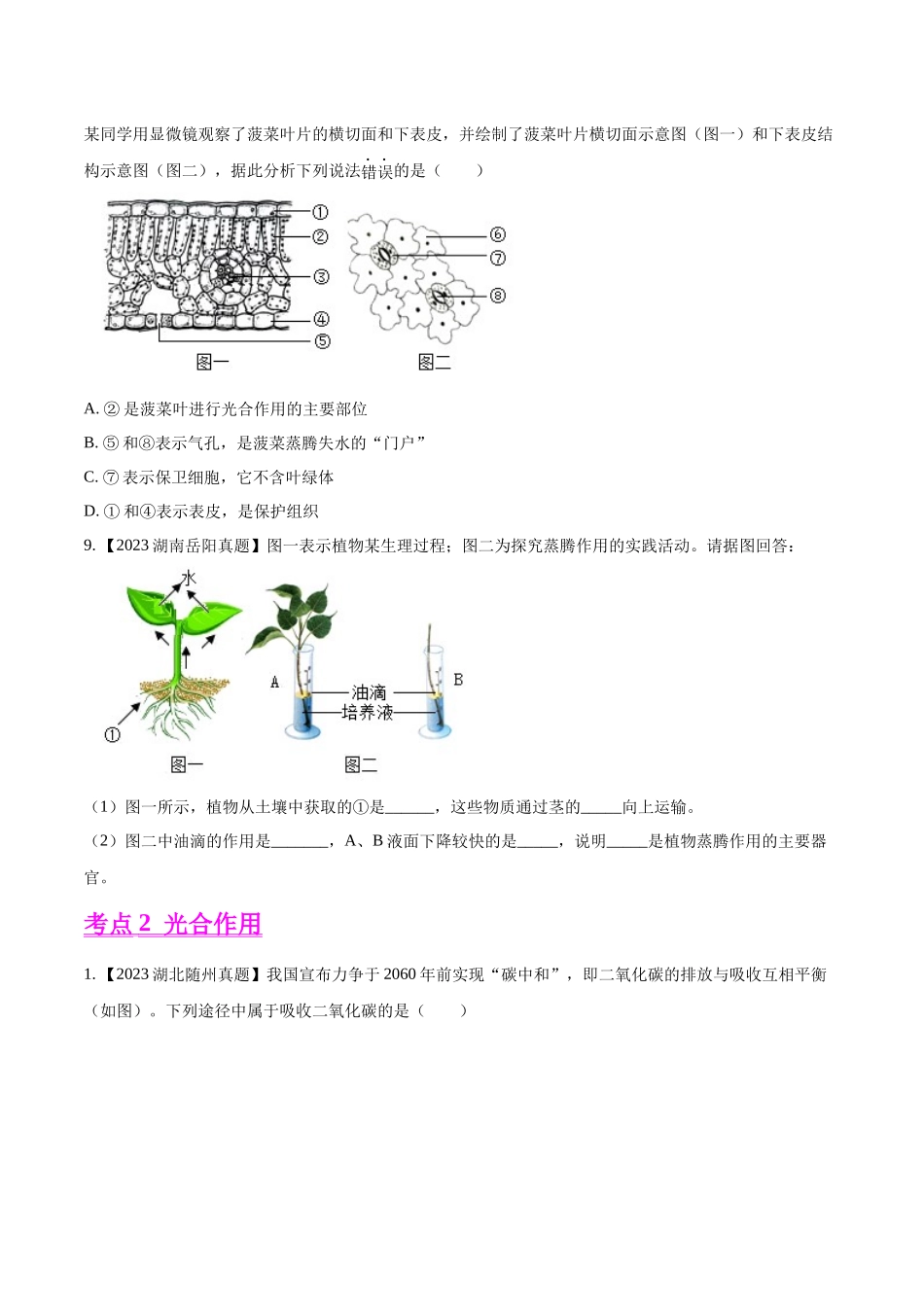 专题05  绿色植物的蒸腾作用、光合作用和呼吸作用-2023年中考生物真题分项汇编（全国通用） （第1期）（原卷版）.docx_第3页