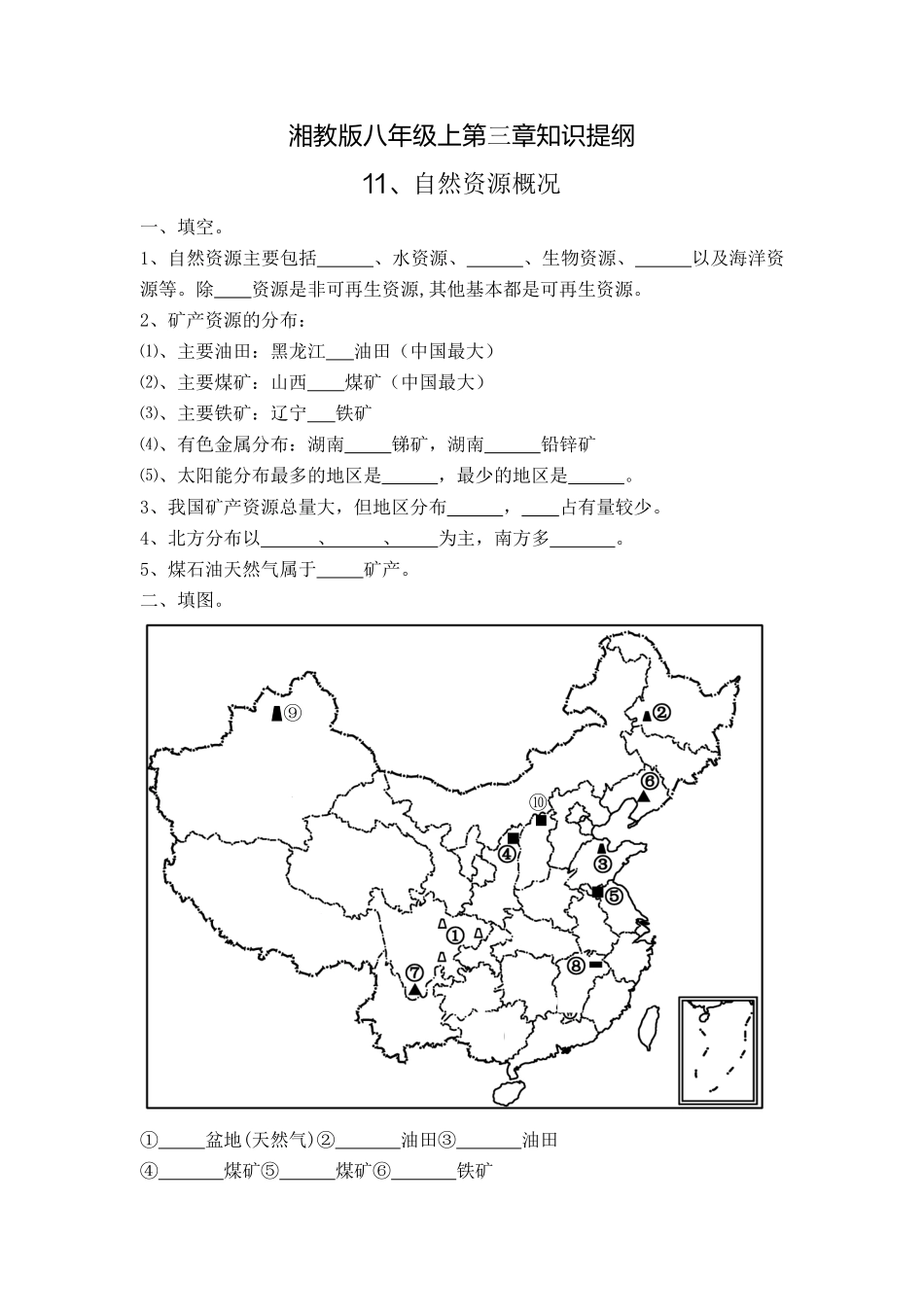 湘教版八上第三章知识提纲 中国自然资源 (填空版)_八年级上册_八年级上册.pdf_第1页