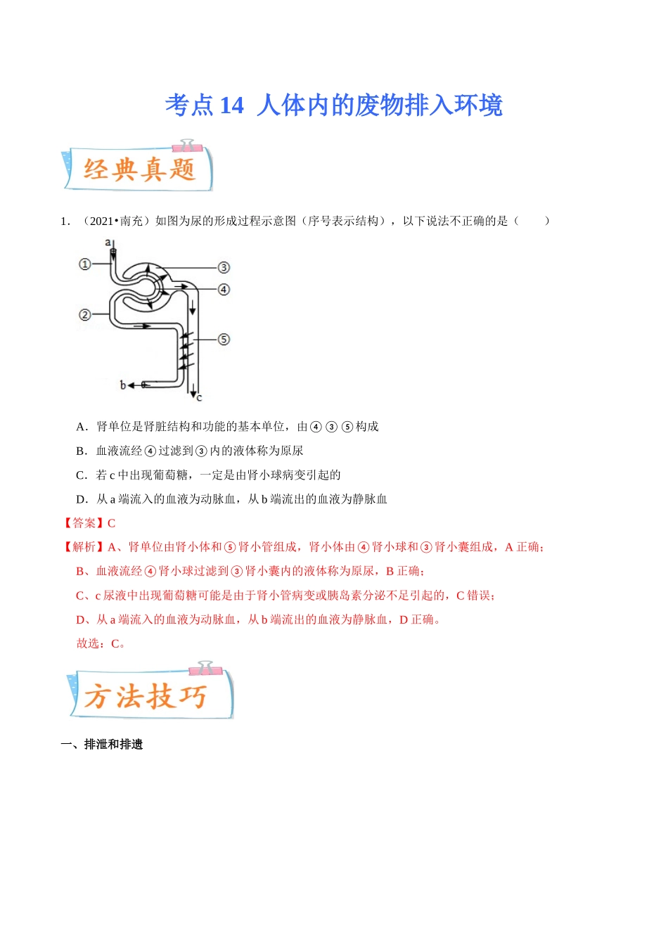 考点14 人体内的废物排入环境-备战2022年中考生物一轮复习考点微专题(31380248).doc_第1页