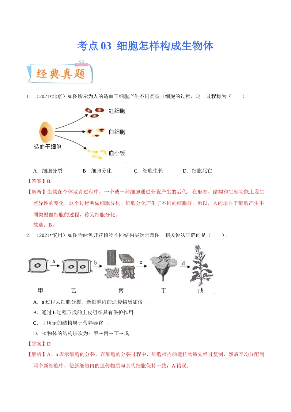 考点03 细胞怎样构成生物体-备战2022年中考生物一轮复习考点微专题(30738733).doc_第1页