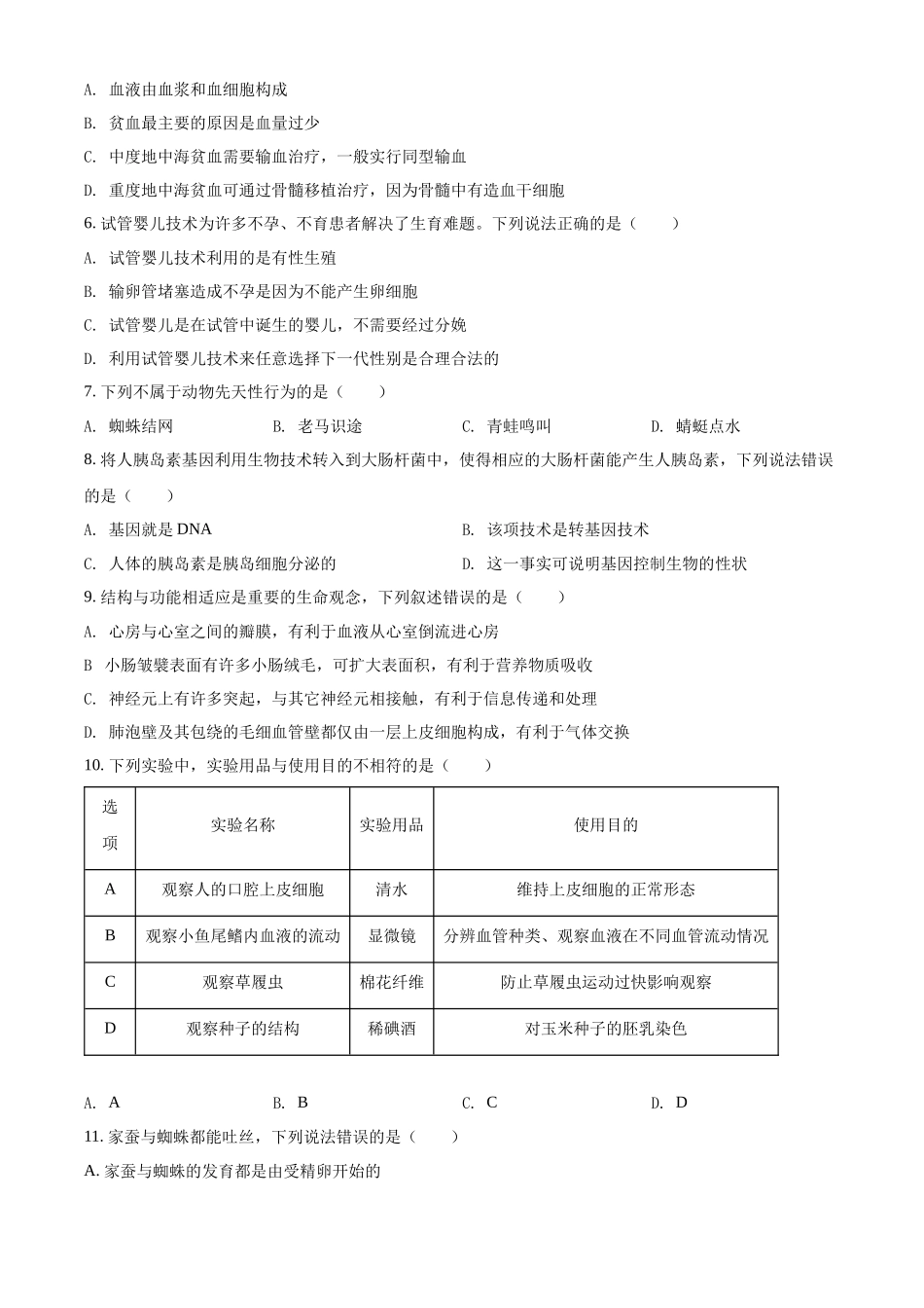 精品解析：2022年湖南省株洲市中考生物真题（原卷版）.docx_第2页