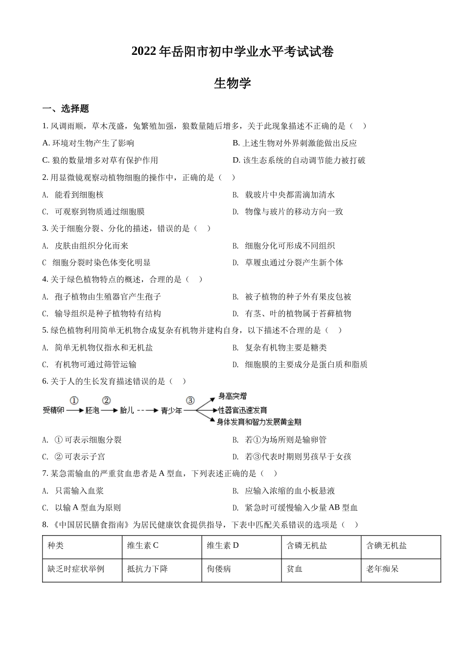 精品解析：2022年湖南省岳阳市中考生物真题（原卷版）.docx_第1页