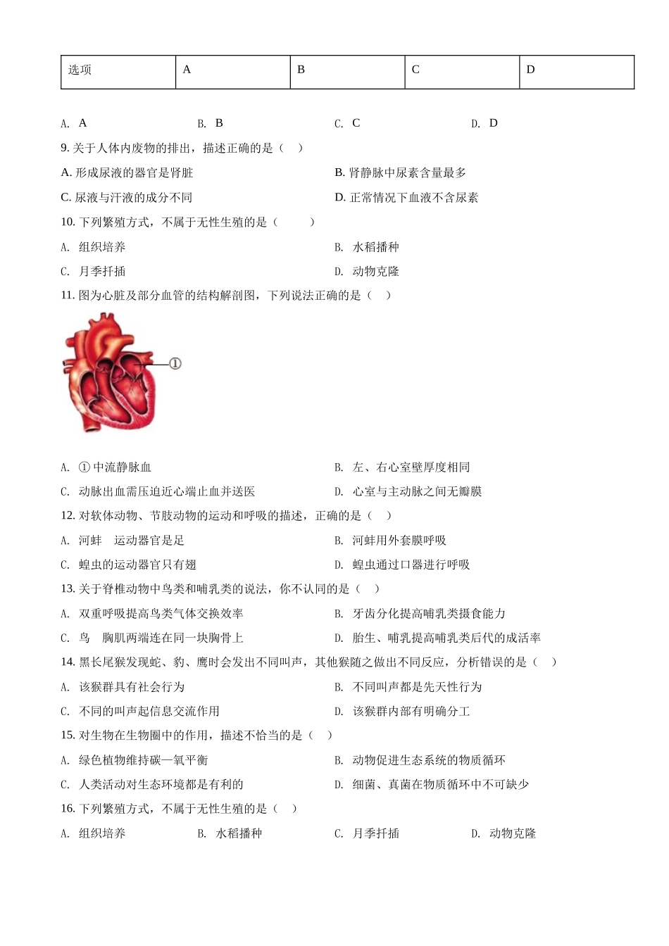 精品解析：2022年湖南省岳阳市中考生物真题（原卷版）.docx_第2页