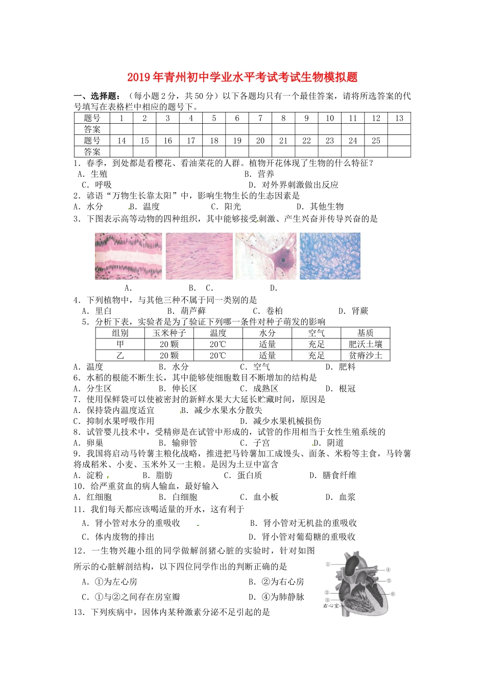 山东省青州市2019年初中生物学业水平考试考试模拟题.docx_第1页