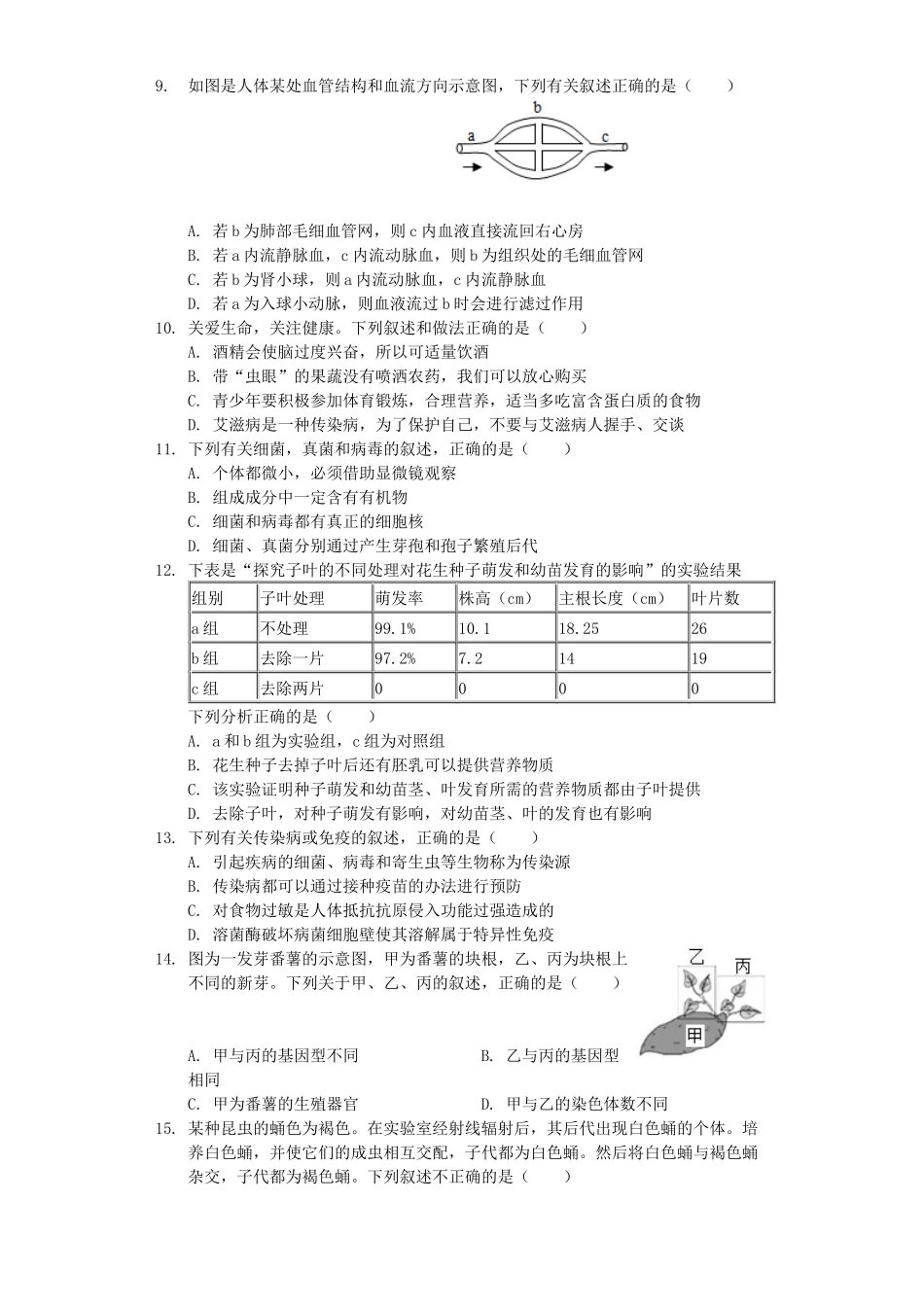 山东省菏泽市东明县2019年中考生物二模试卷.docx_第2页