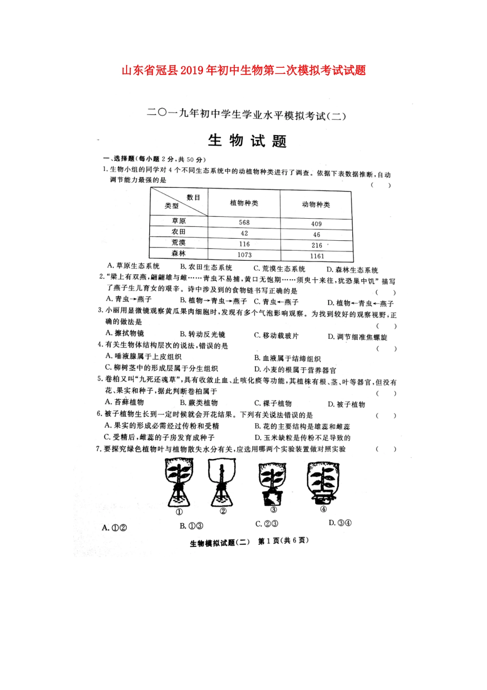 山东省冠县2019年初中生物第二次模拟考试试题（扫描版）.doc_第1页