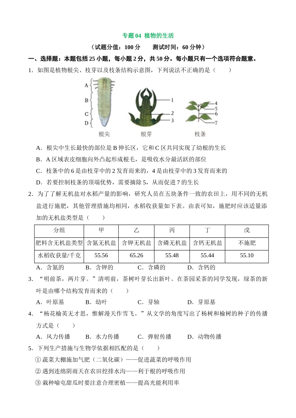 专题04 植物的生活（测试）_中考生物.docx_第1页