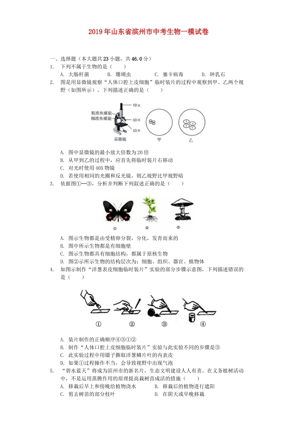 山东省滨州市2019年中考生物一模试卷（含解析）.docx_第1页