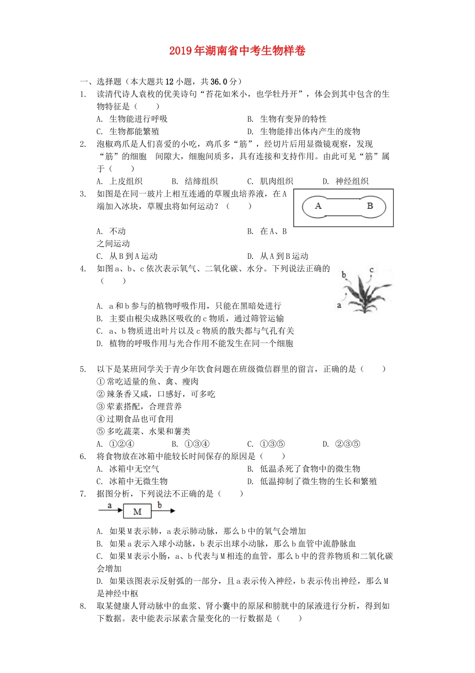 湖南省2019年中考生物样卷（含解析）.docx_第1页