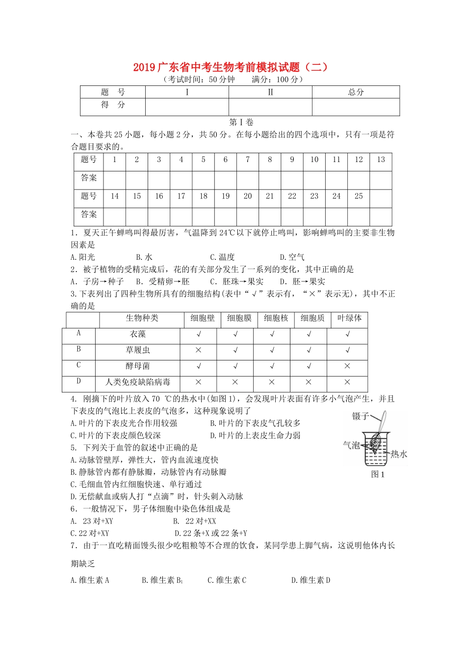 广东省2019中考生物考前模拟试题（二）.doc_第1页