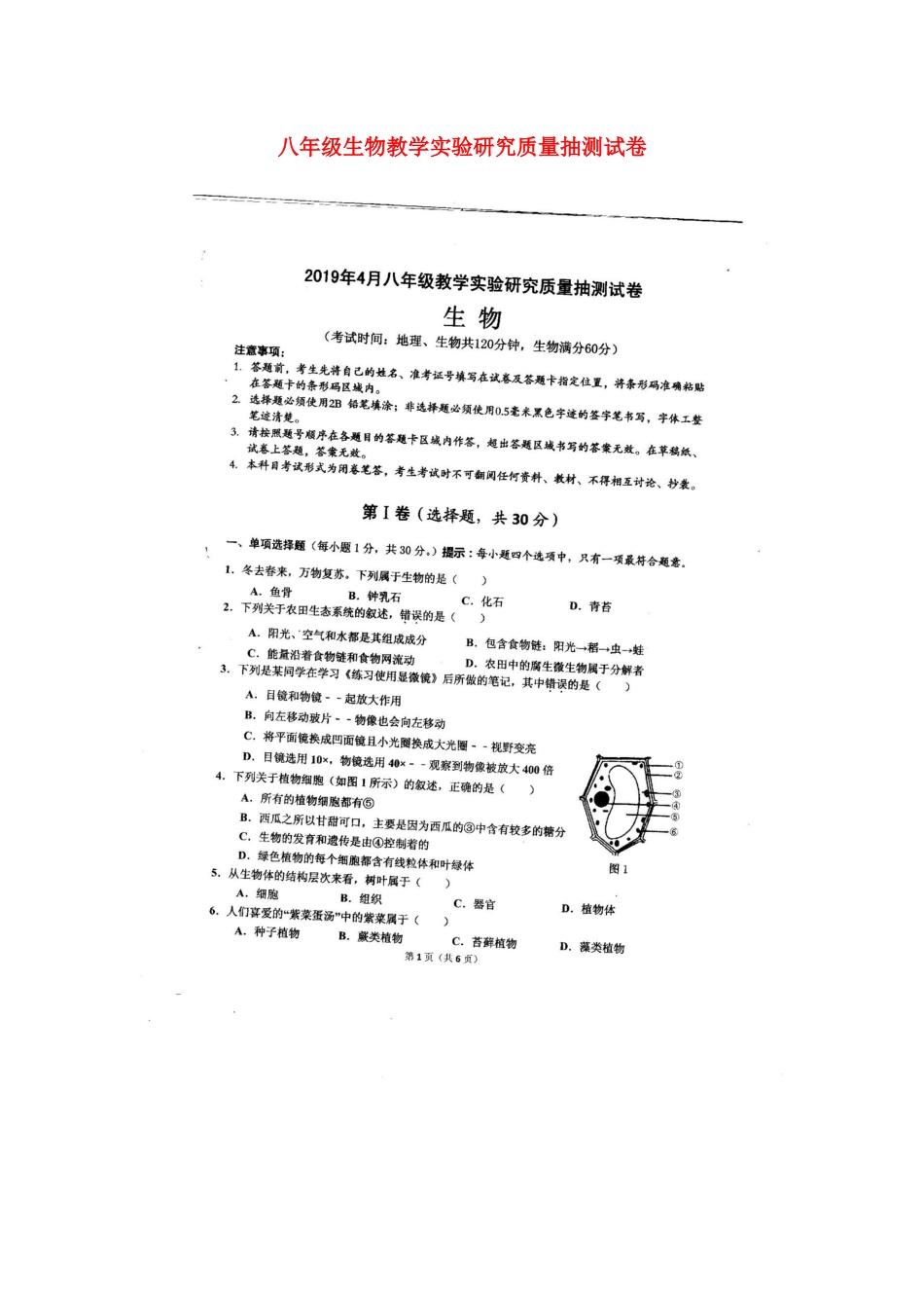 八年级生物教学实验研究质量抽测试卷（扫描版）.docx_第1页