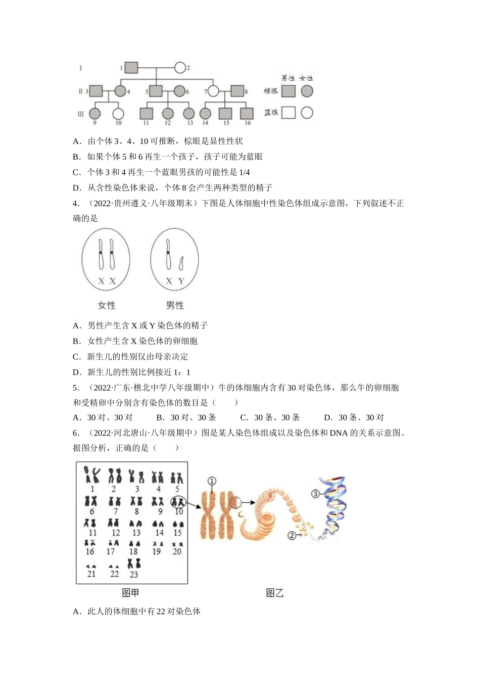 7.2.4 人的性别遗传-2022-2023学年八年级生物下学期课后培优分级练（人教版）（原卷版）.docx_第2页