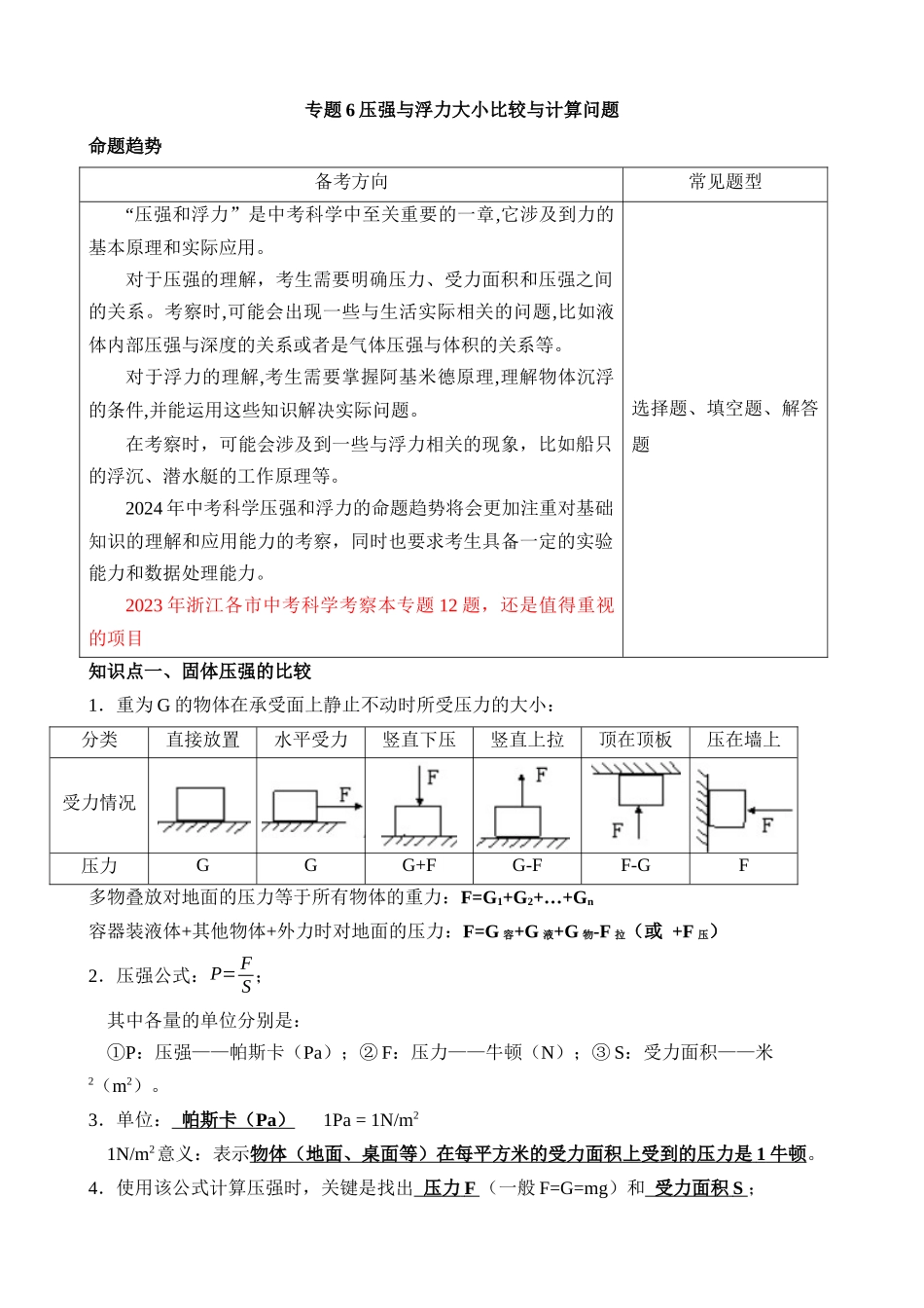 专题6 压强与浮力大小比较与计算问题  _中考科学.docx_第1页