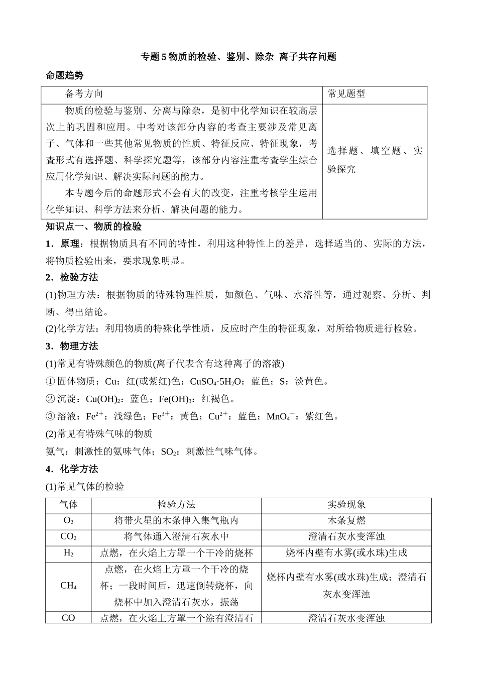 专题5 物质的检验、鉴别、除杂 离子共存问题_中考科学.docx_第1页