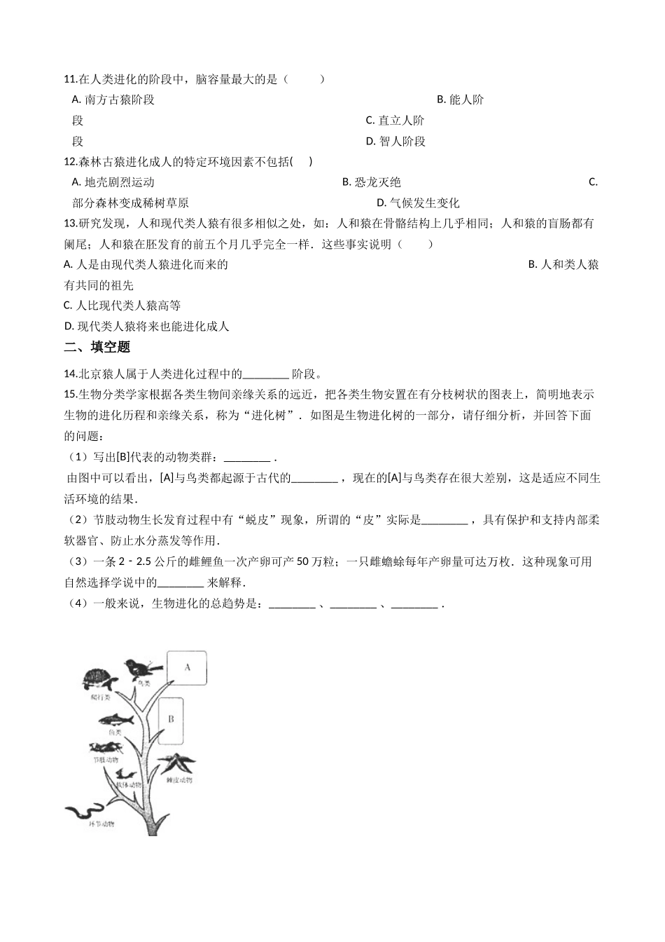 济南版八年级下册生物-5.2.2人类的进化-同步测试.docx_第2页