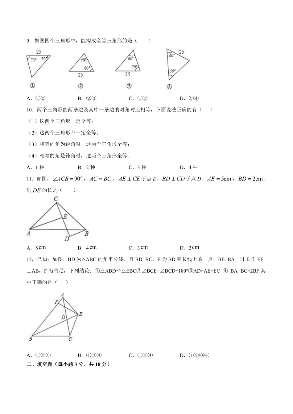 过关卷 全等三角形的性质和判定-八年级上册考点专训（原卷版）（人教版）_八年级上册_八年级上册.pdf_第3页