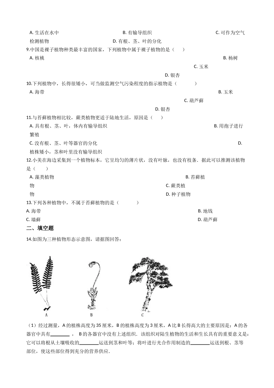 北师大版八年级下册生物当堂练习-22.3植物的主要类群.docx_第2页