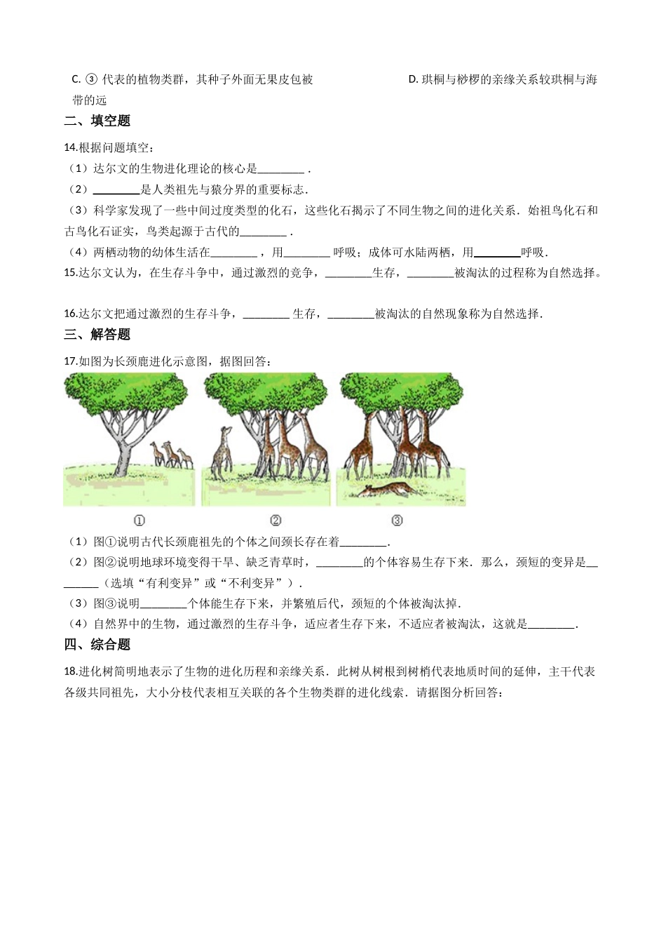 北师大版八年级下册生物当堂练习-21.2生物的进化.docx_第3页