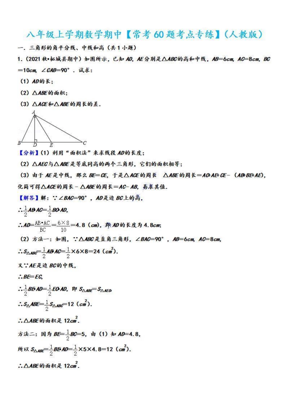 八年级数学上学期期中【常考60题考点专练】（解析版）（人教版）_八年级上册_八年级上册.pdf_第1页